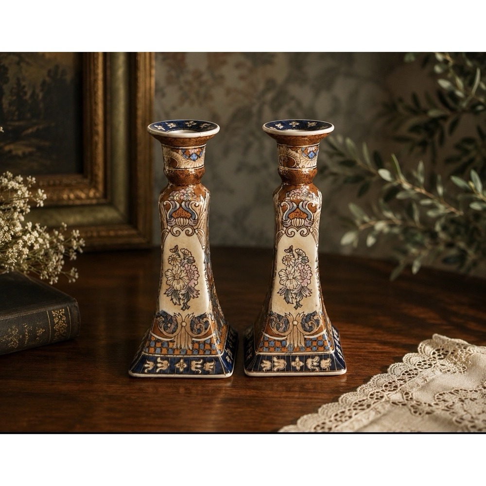 Vintage Pair Asian Imari Style Porcelain Candlesticks Blue Gold Floral 9" Tall - Picture 2 of 11